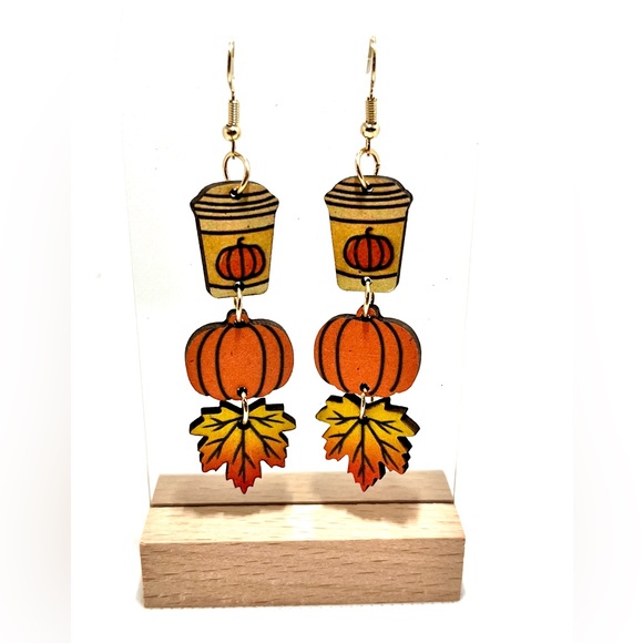 Artisan Jewelry - NWT Vintage Style Pumpkin Latte Fall Earrings Autumn Themed Drop & Dangle Wood